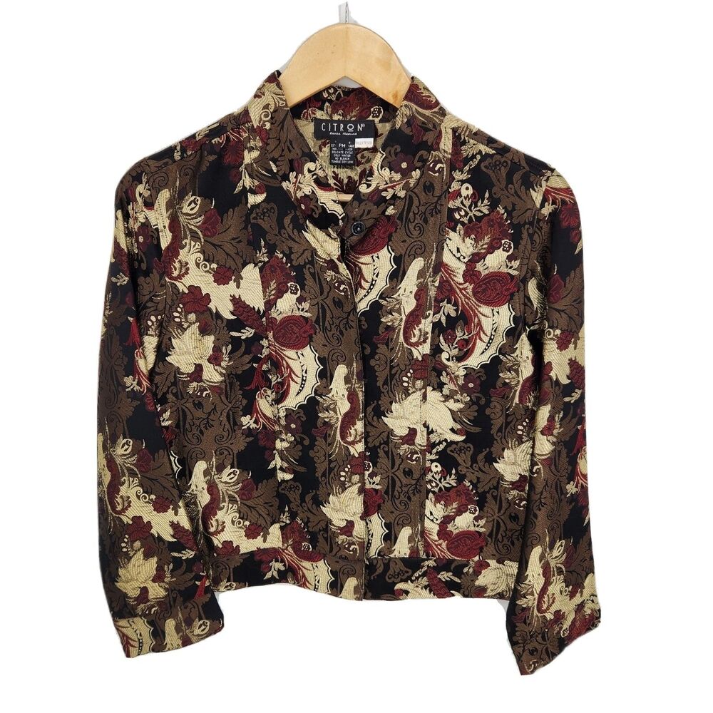 Citron Santa Monica Womens Silk Brocade Jacket Snap Buttons Size PM Petite